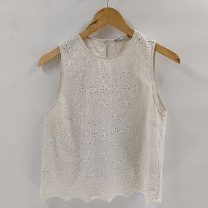 Zara pullover Cream Eyelet Size Large Top Sleeveless Cropped Blouse Cotton Blend